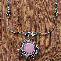 Rose quartz pendant necklace, 'Sun Rays' - Handcrafted Rose Quartz Sun Pendant Stainless Steel Necklace