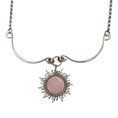 Rose quartz pendant necklace, 'Sun Rays' - Handcrafted Rose Quartz Sun Pendant Stainless Steel Necklace