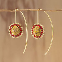Gold accented golden grass drop earrings, 'Stellar Red' - Gold Accented Golden Grass Earrings with Red Rhinestones