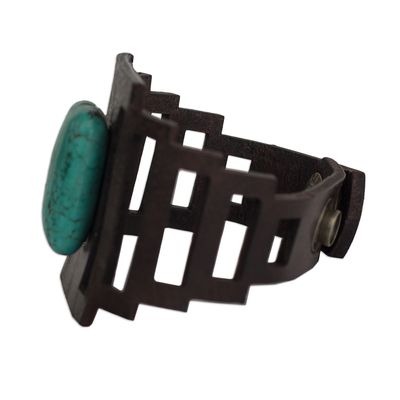 Leather wristband bracelet, 'Turquoise and Chocolate' - Leather and Reconstituted Turquoise Bracelet from Brazil