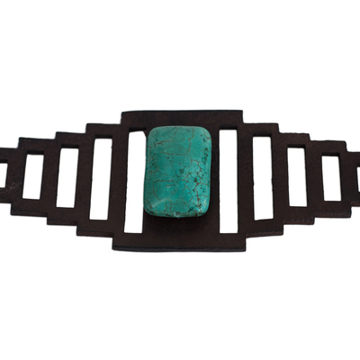 Leather wristband bracelet, 'Turquoise and Chocolate' - Leather and Reconstituted Turquoise Bracelet from Brazil