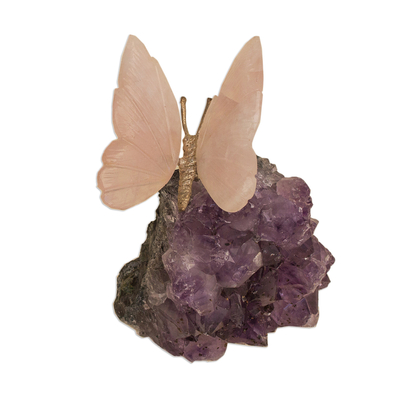 Figur aus Amethyst und Rosenquarz - Rosenquarz-Schmetterling auf Amethyst-Nugget-Figur