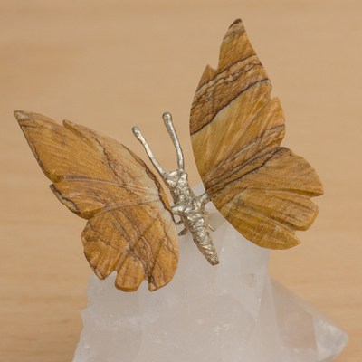 Jasper and quartz figurine, 'Earth and Wind' - Jasper Butterfly on Quartz Nugget Figurine from Brazil