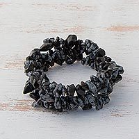 Obsidian beaded stretch bracelets, 'Stormy Trio' (set of 3) - Obsidian Chip Beaded Stretch Bracelets (Set of 3)