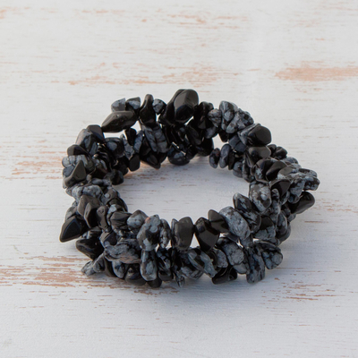 Obsidian beaded stretch bracelets, 'Stormy Trio' (set of 3) - Obsidian Chip Beaded Stretch Bracelets (Set of 3)