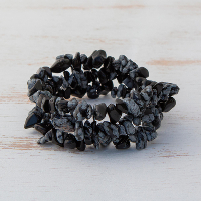 Obsidian-Perlen-Stretch-Armbänder, (3er-Set) - Obsidian-Chip-Perlen-Stretch-Armbänder (3er-Set)