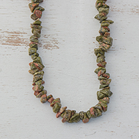 Unakite Beaded Strand Long Necklace from Brazil,'Rosy Sage'