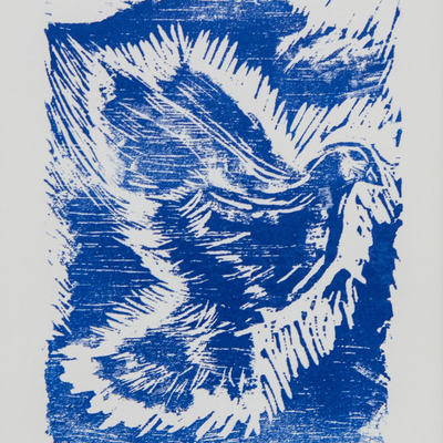 'Peace' - World Peace-themed Signed Block Print Blue Dove from Brazil