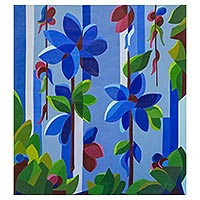 'Blue Flowers' (2018) - Signed Painting of Blue Flowers from Brazil (2018)