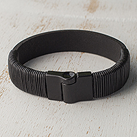 Men's leather wristband bracelet, 'Masculine Solidarity' - Men's Black Leather Wristband Bracelet from Brazil