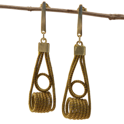 Gold accented golden grass dangle earrings, 'Coiled Gleam' - 18k Gold Plated Golden Grass Dangle Earrings from Guatemala