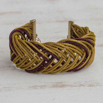 Gold accented golden grass wristband bracelet, 'Gold and Burgundy' - Gold Accented Golden Grass Wristband Bracelet in Burgundy