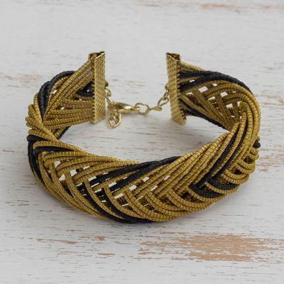 Gold accented golden grass wristband bracelet, 'Gold and Black' - Gold Accented Golden Grass Wristband Bracelet in Black
