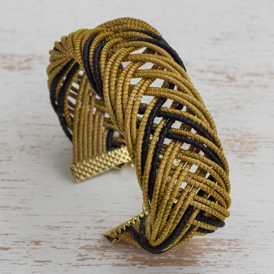 Gold accented golden grass wristband bracelet, 'Gold and Black' - Gold Accented Golden Grass Wristband Bracelet in Black