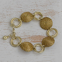 Gold accented golden grass link bracelet, 'Golden Rings' - 18k Gold Accented Golden Grass Link Bracelet from Brazil