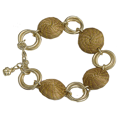 Gold accented golden grass link bracelet, 'Golden Rings' - 18k Gold Accented Golden Grass Link Bracelet from Brazil