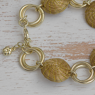Gold accented golden grass link bracelet, 'Golden Rings' - 18k Gold Accented Golden Grass Link Bracelet from Brazil