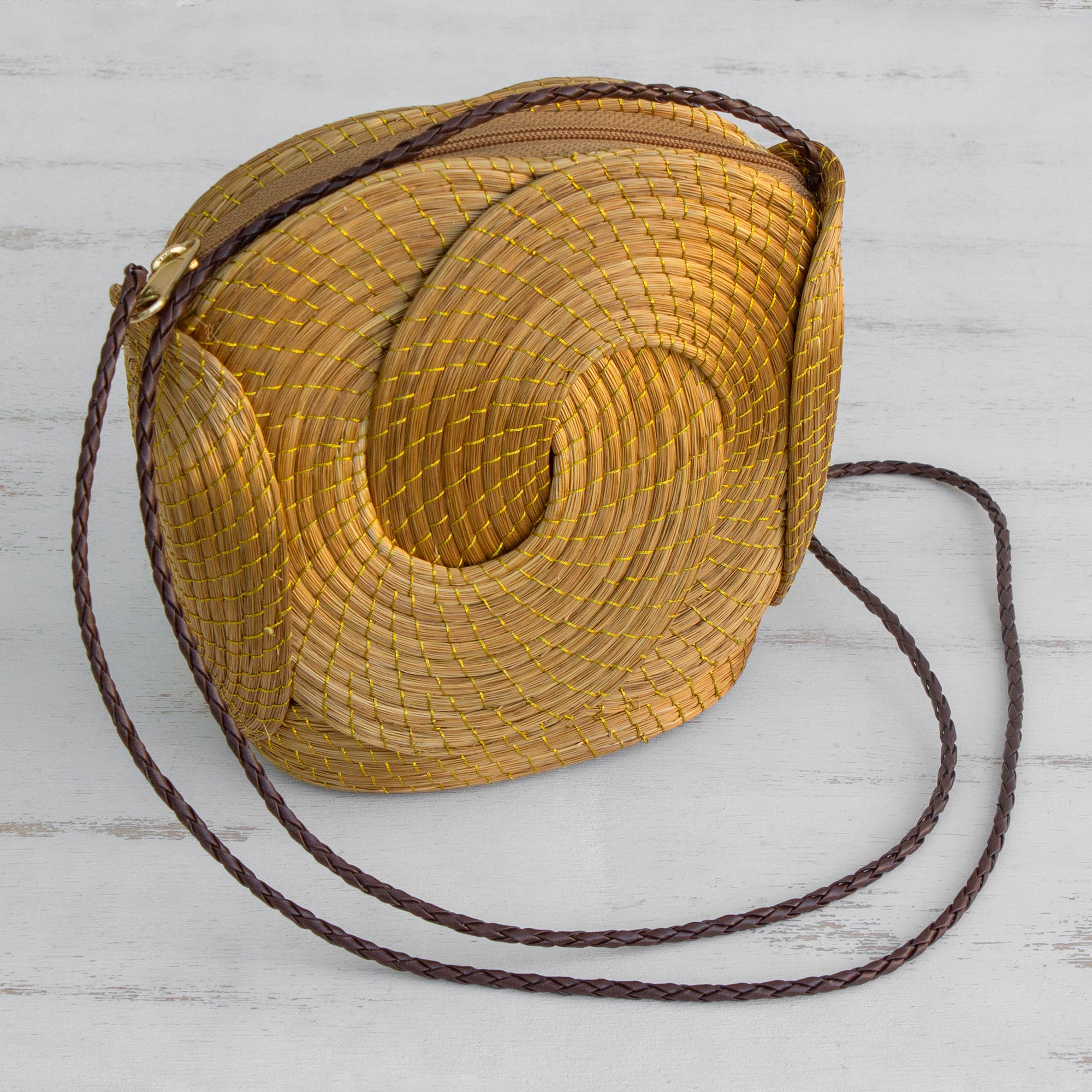 Handmade Golden Grass Sling Handbag from Brazil - Golden Links | NOVICA