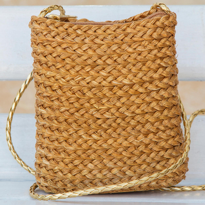 Golden grass sling bag, 'Braided Sunshine' - Braided Golden Grass Sling Bag Handcrafted in Brazil