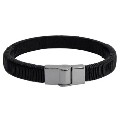 Men's leather wristband bracelet, 'Fearless Power' - Men's Black Leather Wristband Bracelet Stainless Steel Clasp