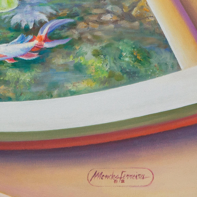 'Mundo Fantástico' - Pintura surrealista firmada de un estanque Koi de Brasil