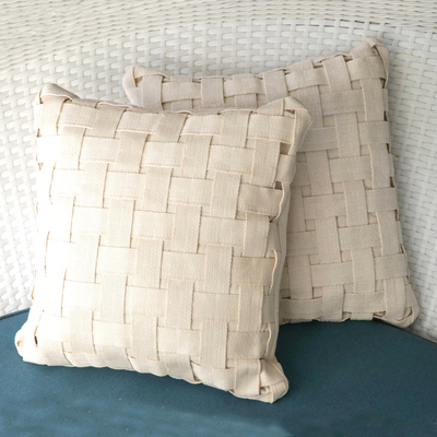 Cotton cushion covers, 'Homestead Weave' (pair) - Ivory-Colored Cotton Cushion Covers from Brazil (Pair)