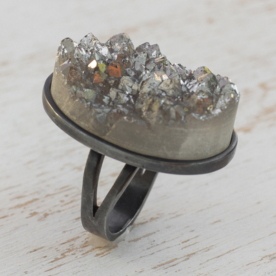 Rhodium plated drusy agate cocktail ring, 'Modern Mountains' - Modern Drusy Agate Cocktail Ring from Brazil