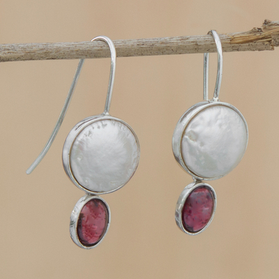 Cultured pearl and garnet drop earrings, 'Oval Glow' - Cultured Pearl and Garnet Drop Earrings from Brazil