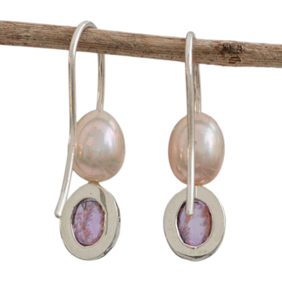 Amethyst and cultured pearl drop earrings, 'Magnificent Sparkle' - Amethyst and Cultured Pearl Drop Earrings from Brazil