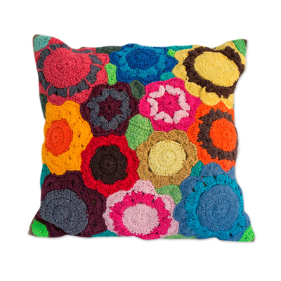 Cotton cushion cover, 'Kaleidoscope of Blooms' - Hand Crocheted Multi-Color Floral Motif Cotton Cushion Cover