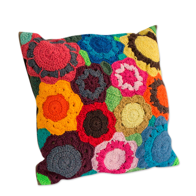 Cotton cushion cover, 'Kaleidoscope of Blooms' - Hand Crocheted Multi-Color Floral Motif Cotton Cushion Cover
