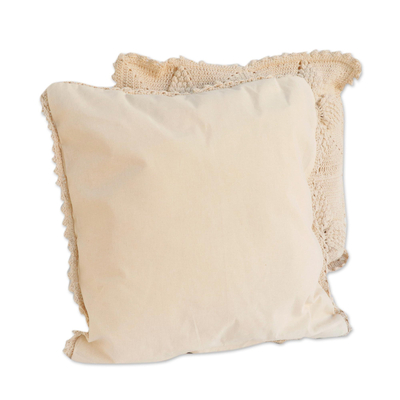 Cotton cushion covers, 'Dream Fields' (pair) - Hand Crocheted Ivory Floral Cotton Cushion Covers (Pair)