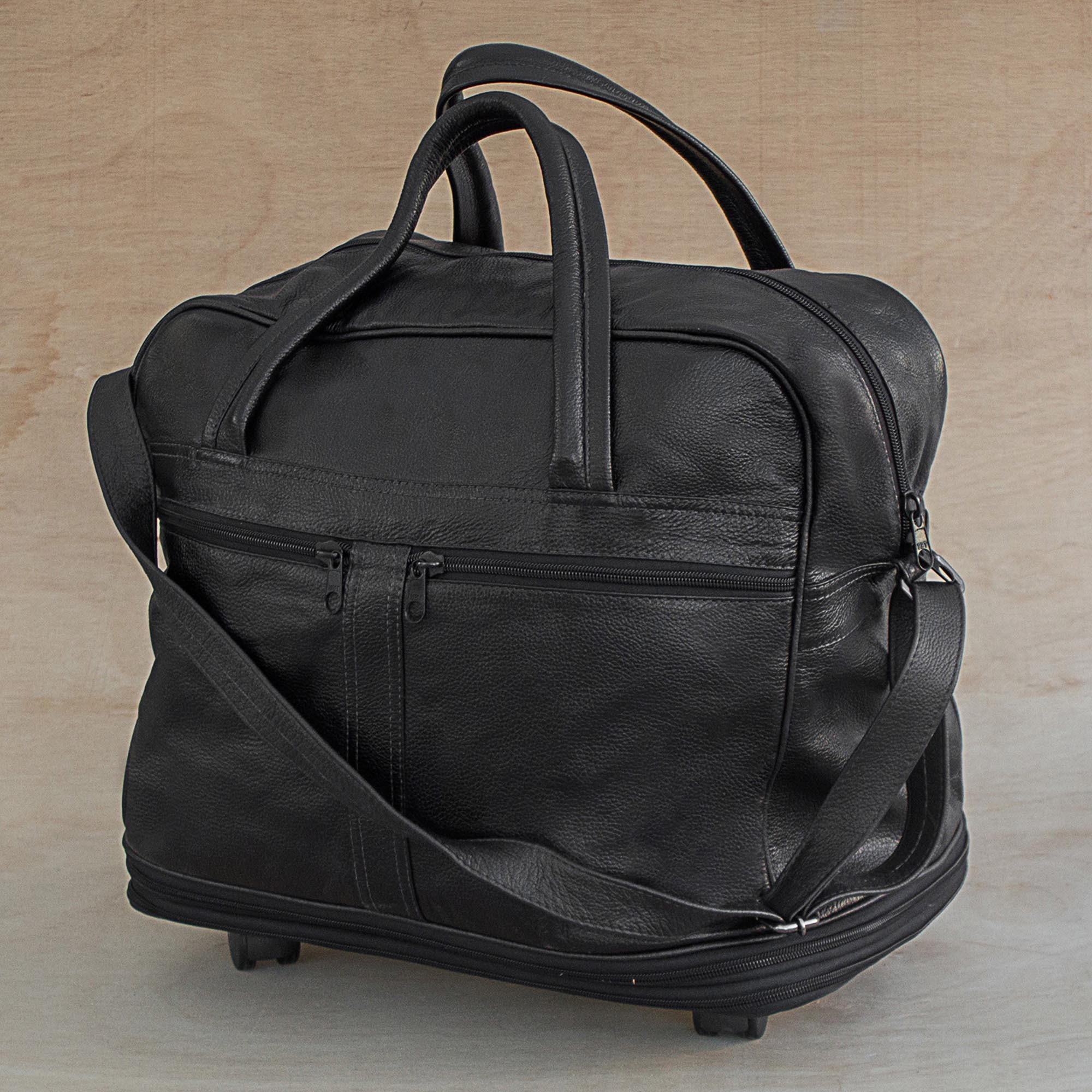 Expandable Leather Wheeled Travel Bag in Black from Brazil Style