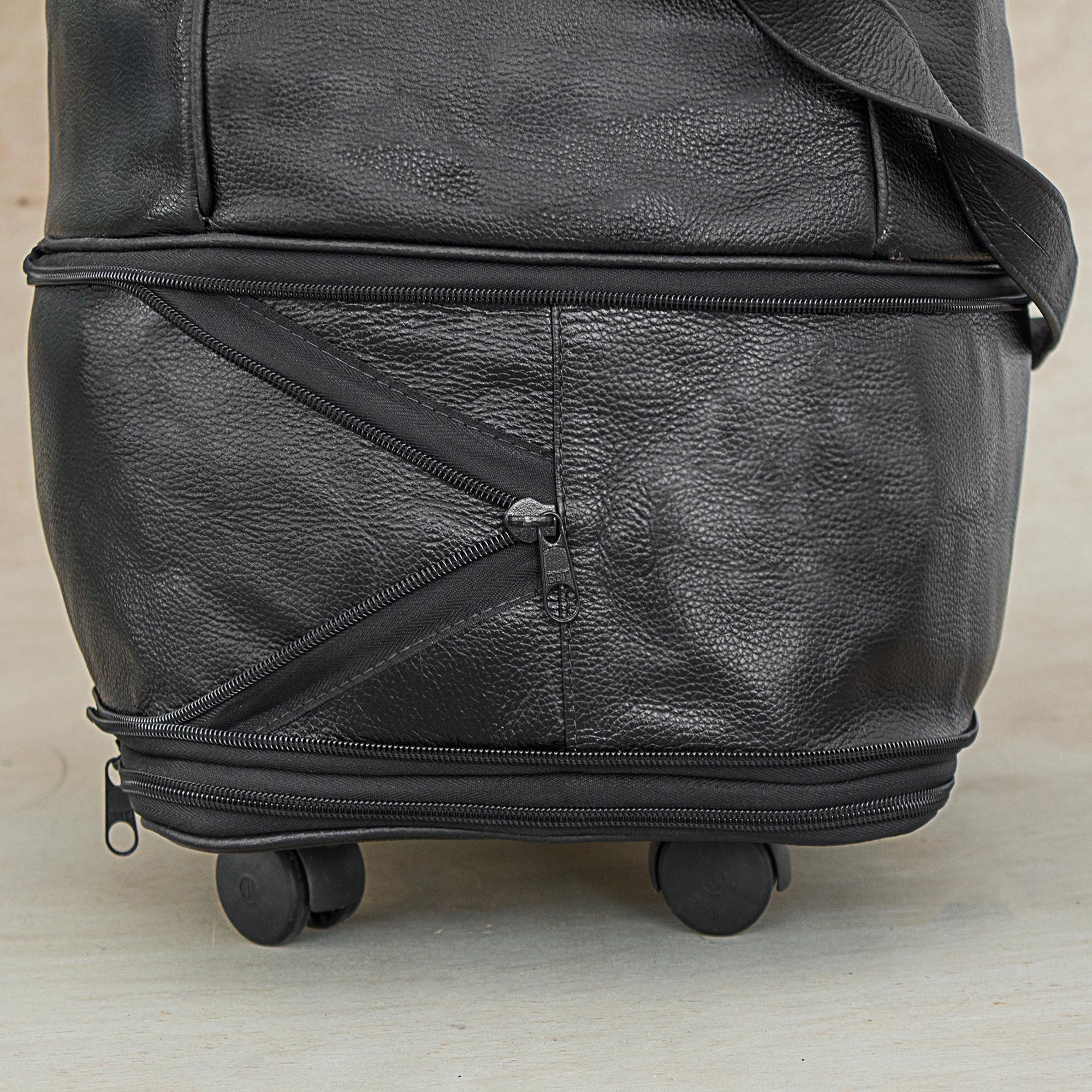 Expandable Leather Wheeled Travel Bag in Black from Brazil Style