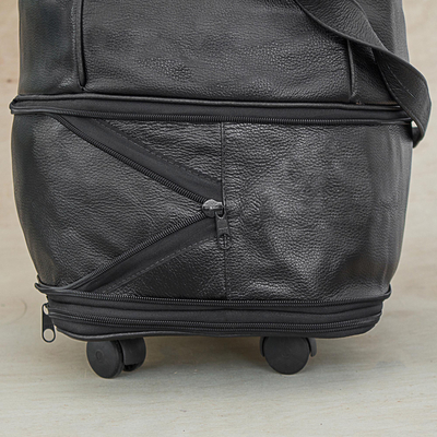 Expandable leather wheeled travel bag, 'Style traveller in Black' - Expandable Leather Wheeled Travel Bag in Black from Brazil