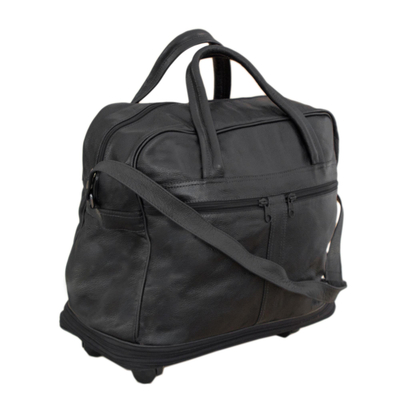 Expandable leather wheeled travel bag, 'Style traveller in Black' - Expandable Leather Wheeled Travel Bag in Black from Brazil