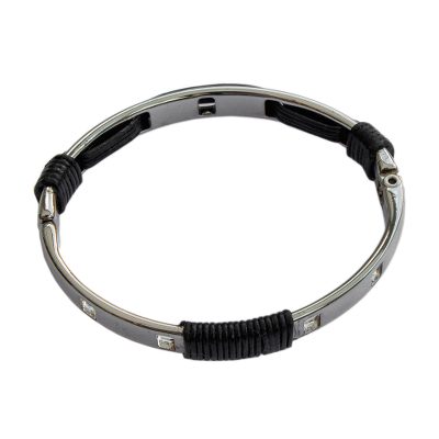 Leather and stainless steel bangle bracelet, 'Dark Space' - Leather and Stainless Steel Bangle Bracelet from Brazil