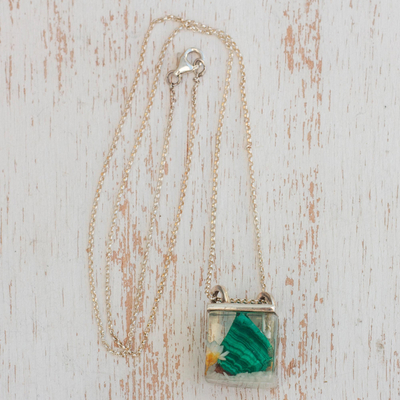 Malachite pendant necklace, 'Complex Cube' - Malachite and Natural Flower Pendant Necklace from Brazil