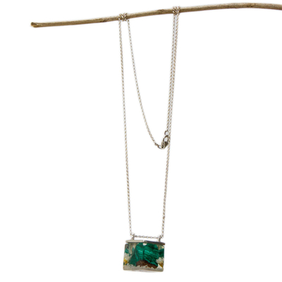 Malachite pendant necklace, 'Complex Cube' - Malachite and Natural Flower Pendant Necklace from Brazil