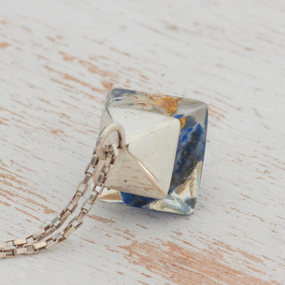 Lapis lazuli pendant necklace, 'Complex Diamond' - Lapis Lazuli and Natural Flower Pendant Necklace from Brazil