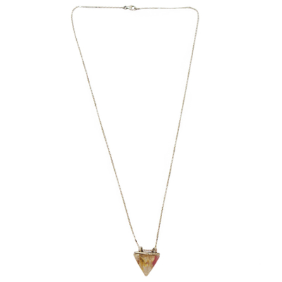 Rutile quartz pendant necklace, 'Complex Pyramid' - Rutile Quartz and Natural Flower Pendant Necklace