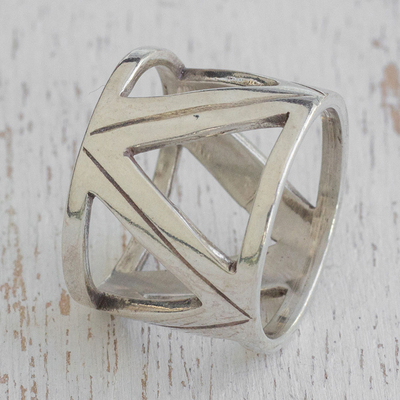 Sterling silver band ring, 'Stellar Triangles' - Triangle Motif Sterling Silver Band Ring from Brazil