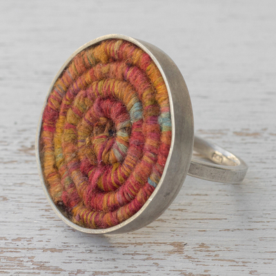 Silver and silk cocktail ring, 'Modern Serpent in Orange' - Silver and Silk Cocktail Ring in Orange from Brazil