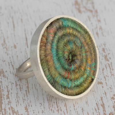 Silver and silk cocktail ring, Modern Serpent in Green