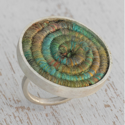 Silver and silk cocktail ring, 'Modern Serpent in Green' - Silver and Silk Cocktail Ring in Green from Brazil