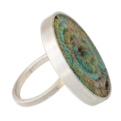 Silver and silk cocktail ring, 'Modern Serpent in Green' - Silver and Silk Cocktail Ring in Green from Brazil