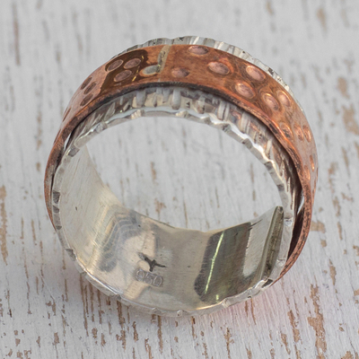 Silver and copper band ring, 'Gleaming Embrace' - Silver and Copper Band Ring from Brazil