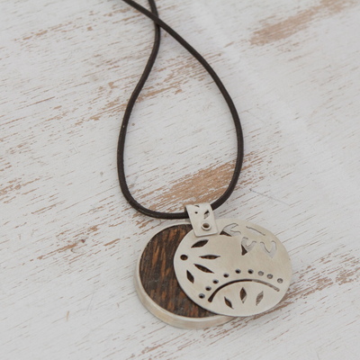 Silver and wood pendant necklace, 'Modern Spring' - Silver and Wood Modern Pendant Necklace from Brazil