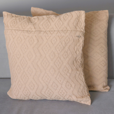 Cotton cushion covers, 'Beige Elegance' (pair) - Diamond Motif Cotton Cushion Covers in Beige (Pair)