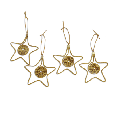 Golden grass ornaments, 'Starry Gleam' (set of 4) - Golden Grass and Gold Plated Brass Star Ornaments (Set of 4)